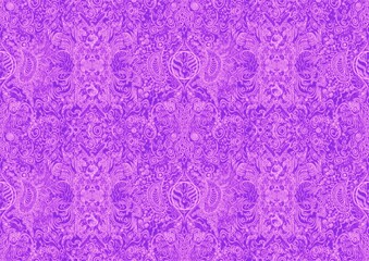 Hand-drawn abstract seamless ornament. Neon purple (proton purple) background and glowing pink pattern on it. Cloth texture. Digital artwork, A4. (pattern: p04b)