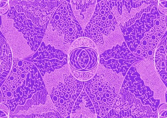 Hand-drawn abstract seamless ornament. Neon purple (proton purple) background and glowing pink pattern on it. Cloth texture. Digital artwork, A4. (pattern: p05a)