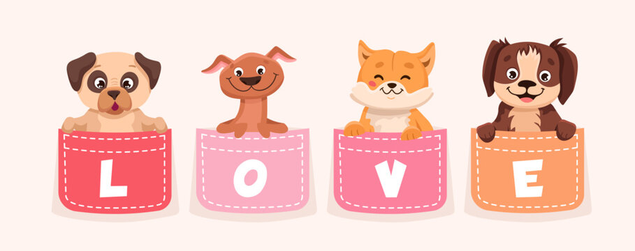 Cute dogs sitting in the pockets with  text of love in cartoon vector style. Illustration for valentine day, t-shirt design, greeting cards.