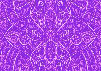 Hand-drawn abstract seamless ornament. Neon purple (proton purple) background and glowing pink pattern on it. Cloth texture. Digital artwork, A4. (pattern: p08-2a)