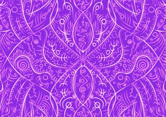 Hand-drawn abstract seamless ornament. Neon purple (proton purple) background and glowing pink pattern on it. Cloth texture. Digital artwork, A4. (pattern: p08-2a)