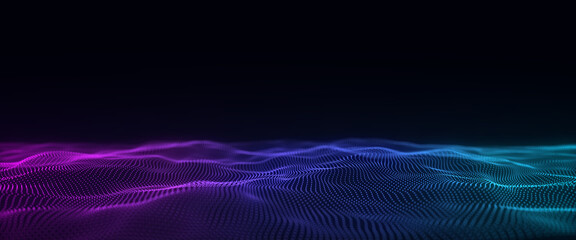 Futuristic technology wave. Digital cyberspace. Abstract wave with moving particles on background. Big data analytics. 3d rendering. - obrazy, fototapety, plakaty