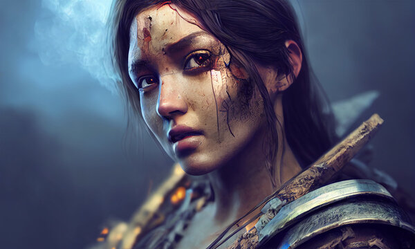 Portrait of beautiful woman warrior after a battle with dirt on face. Postproducted generative AI illustration. Non existing person.