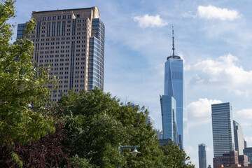 Lower Manhattan New York City Skyline with Green Trees during the Summer