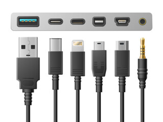 Realistic usb types. Smartphone ports, cables with different socket, digital devices connectors, 3d gadgets communications. Mini and micro lightning, computer cable connector utter vector set