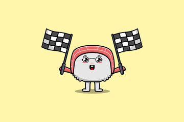 Illustration of cute Sushi cartoon character holding crossed checkered race flag