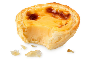 Partially eaten portuguese custard egg tart with crumbs isolated on white.