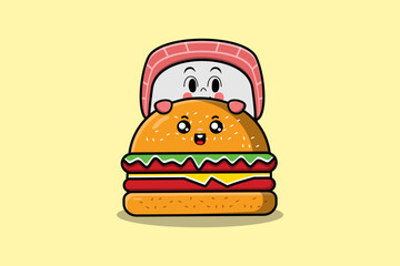 Cute Sushi cartoon character hiding in burger illustration in flat modern design