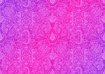 Hand-drawn abstract seamless ornament. Neon gradient (plastic pink to proton purple) background and glowing pattern on it. Cloth texture. Digital artwork, A4. (pattern: p01b)