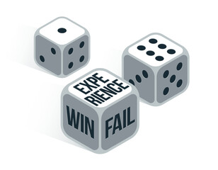 Win or fail or experience dice rolling vector illustration, getting new experience in life concept.