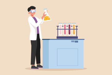 Male Chemist in Safety Glasses Mixes Liquids in a Beakers. Concept of scientist activity in laboratory. Flat vector illustrations isolated on white background.