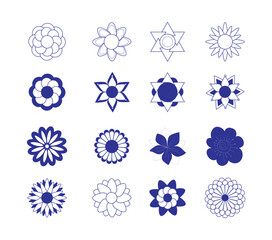Set of flat blue flower icons in silhouette. Hand draw flowers for tiles, ceramic and backgrounds- Vector