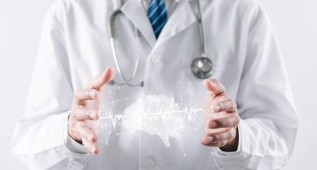 doctor in a white coat select and checkup head brain virtual icon.  idea, innovation, asking study concept...