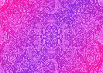 Hand-drawn abstract seamless ornament. Neon gradient (plastic pink to proton purple) background and glowing pattern on it. Cloth texture. Digital artwork, A4. (pattern: p01a)