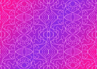 Hand-drawn abstract seamless ornament. Neon gradient (plastic pink to proton purple) background and glowing pattern on it. Cloth texture. Digital artwork, A4. (pattern: p02-1b)
