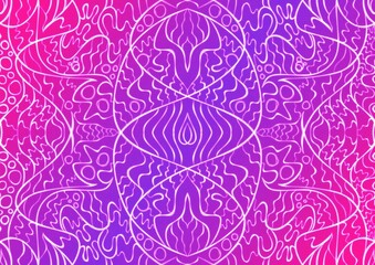 Hand-drawn abstract seamless ornament. Neon gradient (plastic pink to proton purple) background and glowing pattern on it. Cloth texture. Digital artwork, A4. (pattern: p02-2a)
