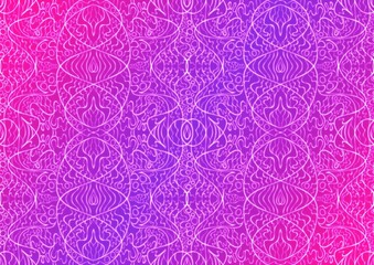 Hand-drawn abstract seamless ornament. Neon gradient (plastic pink to proton purple) background and glowing pattern on it. Cloth texture. Digital artwork, A4. (pattern: p02-2b)