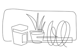 Desktop Dish rack, organizer for clean dishes. Still life on the kitchen table. Continuous line drawing illustration