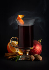 hot glass of mulled wine at Christmas time