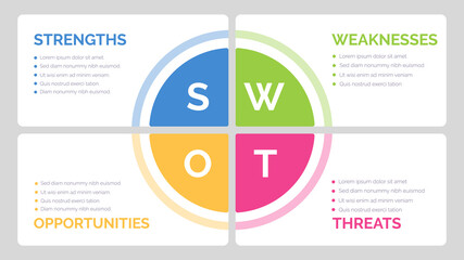 SWOT analysis template for strategic company planning. Four colorful elements with space for text inside. Modern Infographic design template. Vector illustration.