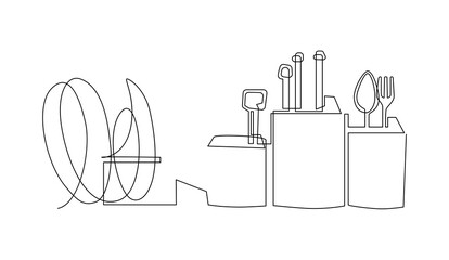 Fototapeta premium Desktop Dish rack, organizer for clean dishes. Still life on the kitchen table. Continuous line drawing illustration