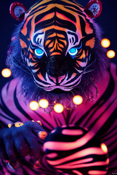 Psychedelic Muscular Tiger With Glowing Eyes From A Nightmare Before Christmas By Tim Burton, Antihero, Intricate Detail, Model Photography, Fashion Photography,