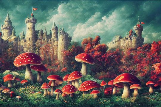 fantastic wonderland landscape with mushrooms, beautiful old castle