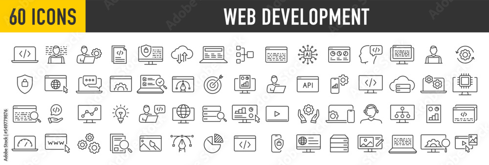 Poster Set of 60 Web Development web icons in line style. Programming, code, mobile app, developer, management, seo, digital, web design, marketing, analytics, collection. Vector illustration.