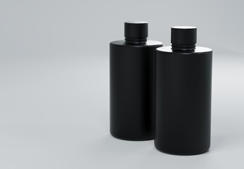 Two black plastic shampoo bottles standing on gray background 3D render business template