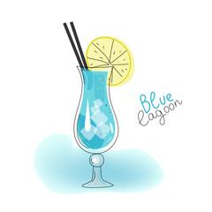 Blue lagoon alcohol cocktail, vector  colored doodle hand drawn sketch illustration.