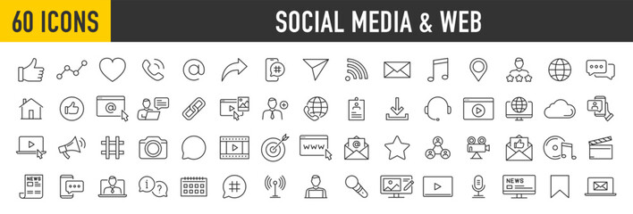 Fototapeta na wymiar Set of 60 Social media and web icons in line style. Data analytics, blogging, seo, digital marketing, management, message, phone, collection. Vector illustration.