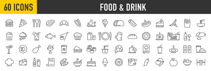 Set of 60 Food and drink web icons in line style. Meal, restaurant, dishes, fruits, fastfood, burger, pizza, coffee, sandwich, collection. Vector illustration. - obrazy, fototapety, plakaty