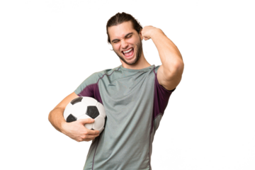 Young handsome football player man over isolated background celebrating a victory