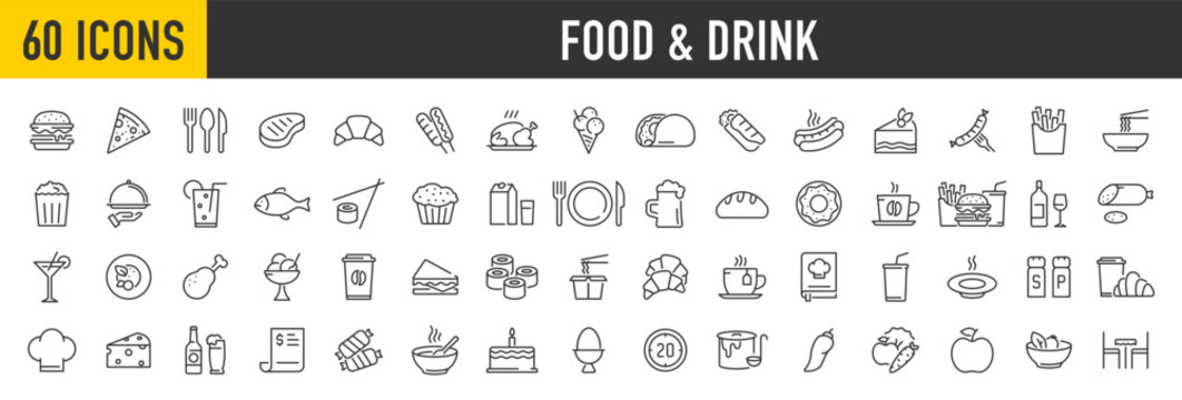 Set of 60 Food and drink web icons in line style. Meal, restaurant, dishes, fruits, fastfood, burger, pizza, coffee, sandwich, collection. Vector illustration.