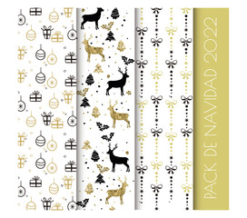 Set of Christmas illustrations patterns in white, black and gold, perfect to decorate showcases. Vector background for Christmas