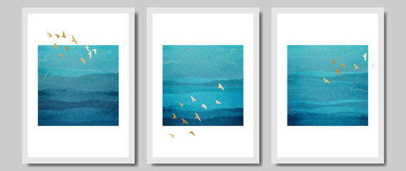 Vector art set. Golden birds on the background of the ocean and waves, with a watercolor texture with a golden line and blue watercolor, marine themed art in a minimalistic style. For interior decor
