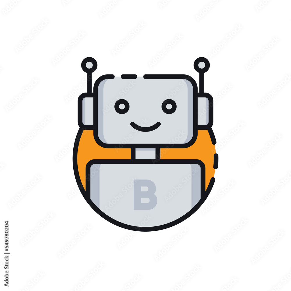 Poster robot icon. chatbot icon. cute smiling bot. outline robot sign in blue circle. vector flat line cart