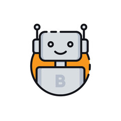 Robot icon. Chatbot icon. Cute smiling bot. Outline robot sign in blue circle. Vector flat line cartoon illustration isolated on white background. Voice support service bot. Virtual online support