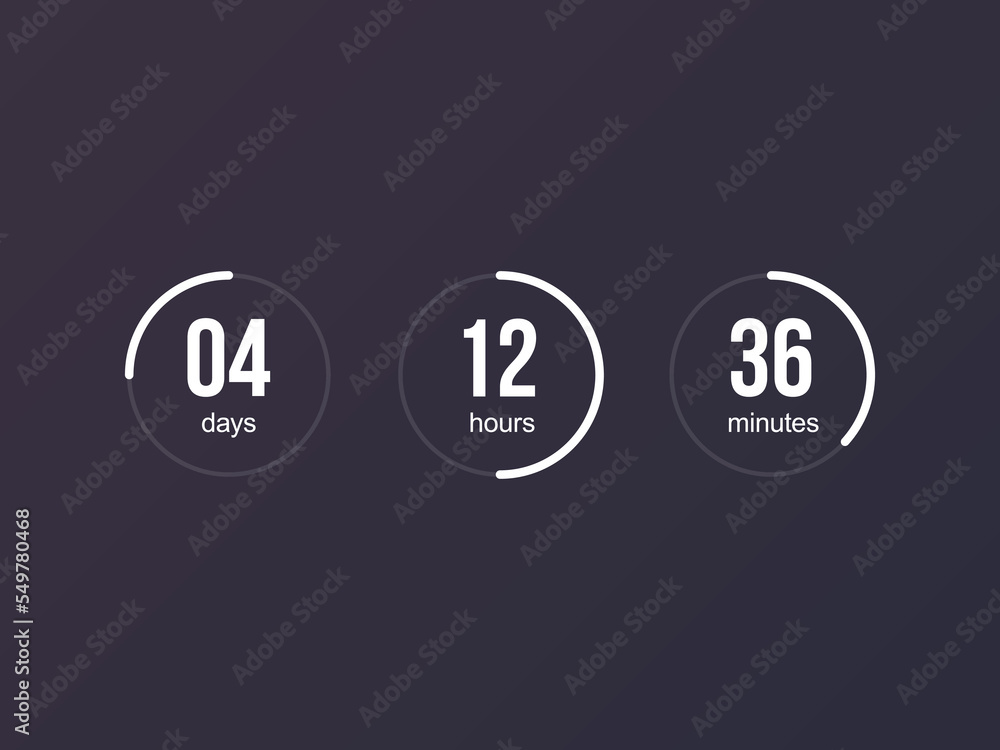 Poster Countdown timer for website. Digital clock design on dark background. Counter for website, application or game interface