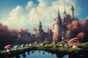 Foto op Aluminium fantastic wonderland landscape with mushrooms, beautiful old castle © rufous