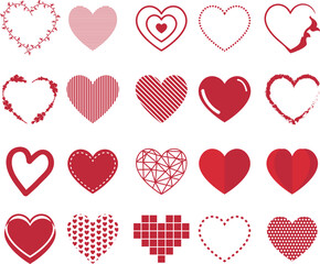 Heart icon collection in red. Design elements for Valentine's Day. Set of hearts for cards and banners