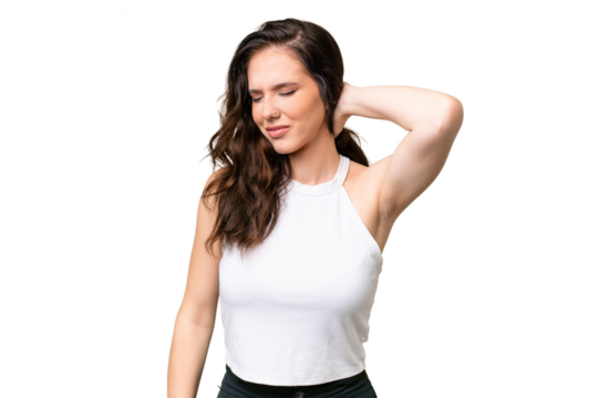 Young caucasian woman isolated over isolated background with neckache - Powered by Adobe