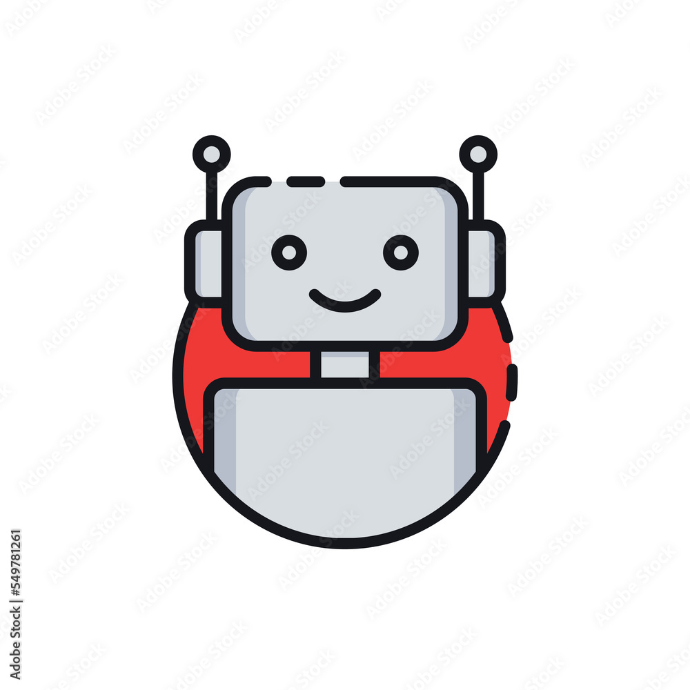 Poster robot icon. chatbot icon. cute smiling bot. outline robot sign in blue circle. vector flat line cart