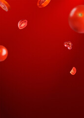 Slices of tomatoes and other circular objects falling in unison over a red gradient background with subtle textures.