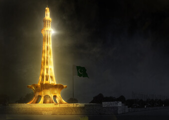 Lahore  Pakistan – March 29 2020: Lahore Minar-e-Pakistan gold effect, National Flag Minaret built in Lahore in the memory of the Pakistan resolution blurriness and artifacting 3d illustration