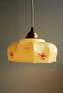 Flower bell shaped hanging glass lamp. Early 1900.  