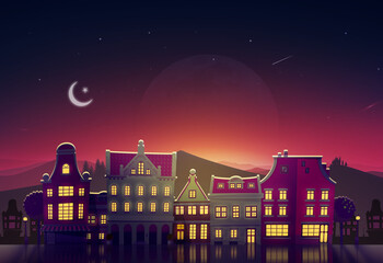 Obraz premium Eid Mubarak Greeting Poster illustration file beautiful night view with a modern 3d homes style and back mountain specially for Eid crescent wishing and design. 3d Illustration