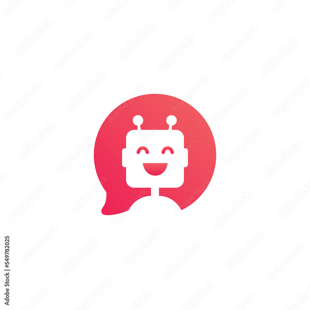 Poster cute smiling robot in red speech bubble. chatbot icon in flat style on white background. virtual onl