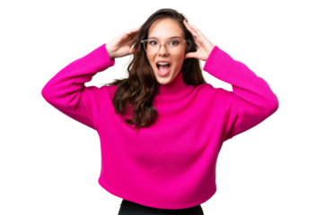 Young caucasian woman isolated over isolated background with surprise expression