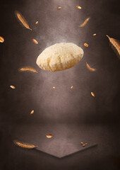 Indian Traditional Cuisine Chapati The Phooli (Air filled) Roti, Fulka flying, Indian Bread, Flatbread, Whole Wheat Flat Bread, Chapati. On dark textured background.